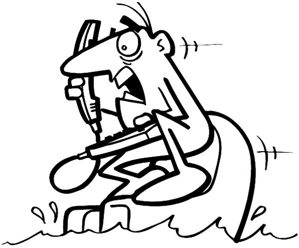 Man in flood water on phone vinyl sticker. Customize on line. Insurance 055-0066